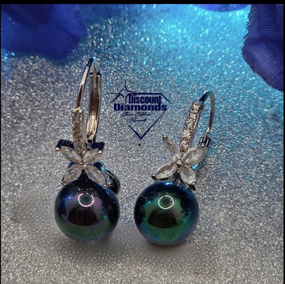 10mm Black Rainbow South Sea Shell Pearl & White Baguette Diamond Earrings 925 - Picture 4 of 12
